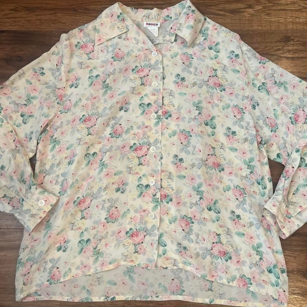 Vintage 90s Cream Pink Pastel Floral Button Up 100% Silk Cottagecore Boho‎ Fairy - Picture 2 of 6